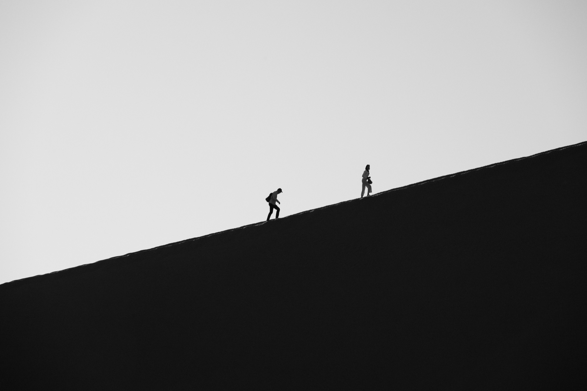 Two small figures climbing a steep, dark dune ridge against a pale sky.